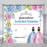Aperturee - Aperturee Blue Pink Rose Custom Name Quinceaneras Backdrop
